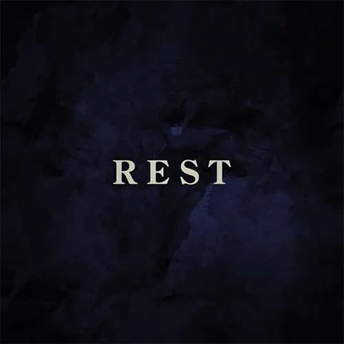 An airy, cloudy and colored background with the word "REST" in the foreground.